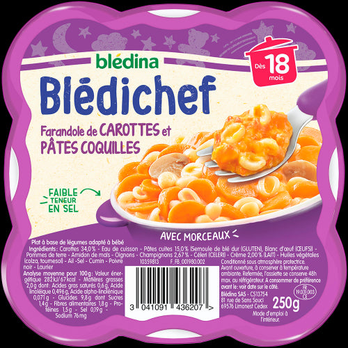 Blédina Blédichef Farandoles Carottes et Pâtes coquilles 18 mois - 250g