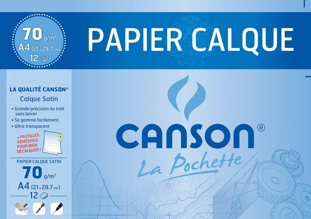 CANSON Pochette papier calque A4 12 feuilles 70g/m² + pastilles adhésives repositionnables