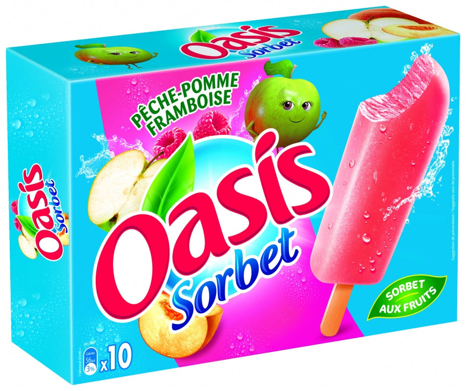 Oasis Batônnets Glacés Sorbet Pomme Pêche Framboise x10 /  400gr