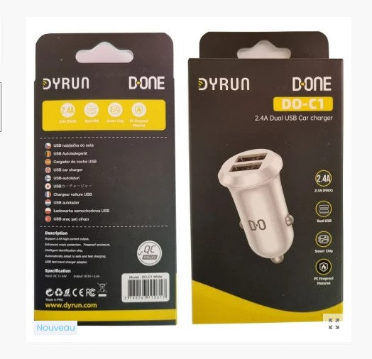 DYRUN - Adaptateur voiture double USB blanc 2.4 A