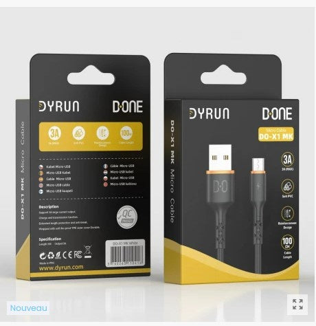 DYRUN - Cable adaptable PVC micro USB noir 1m