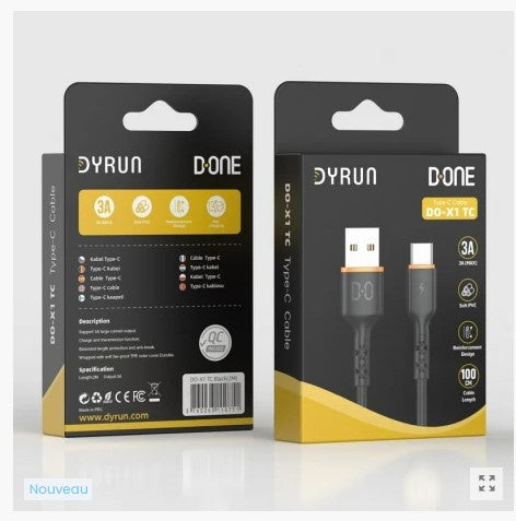 DYRUN -  Câble adaptable PVC Type C Noir 1m