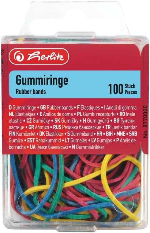 Herlitz 8770000 Boîte de 100 Bracelets élastique anneau en caoutchouc diamètre 20 à 70 mm Couleurs Assorties