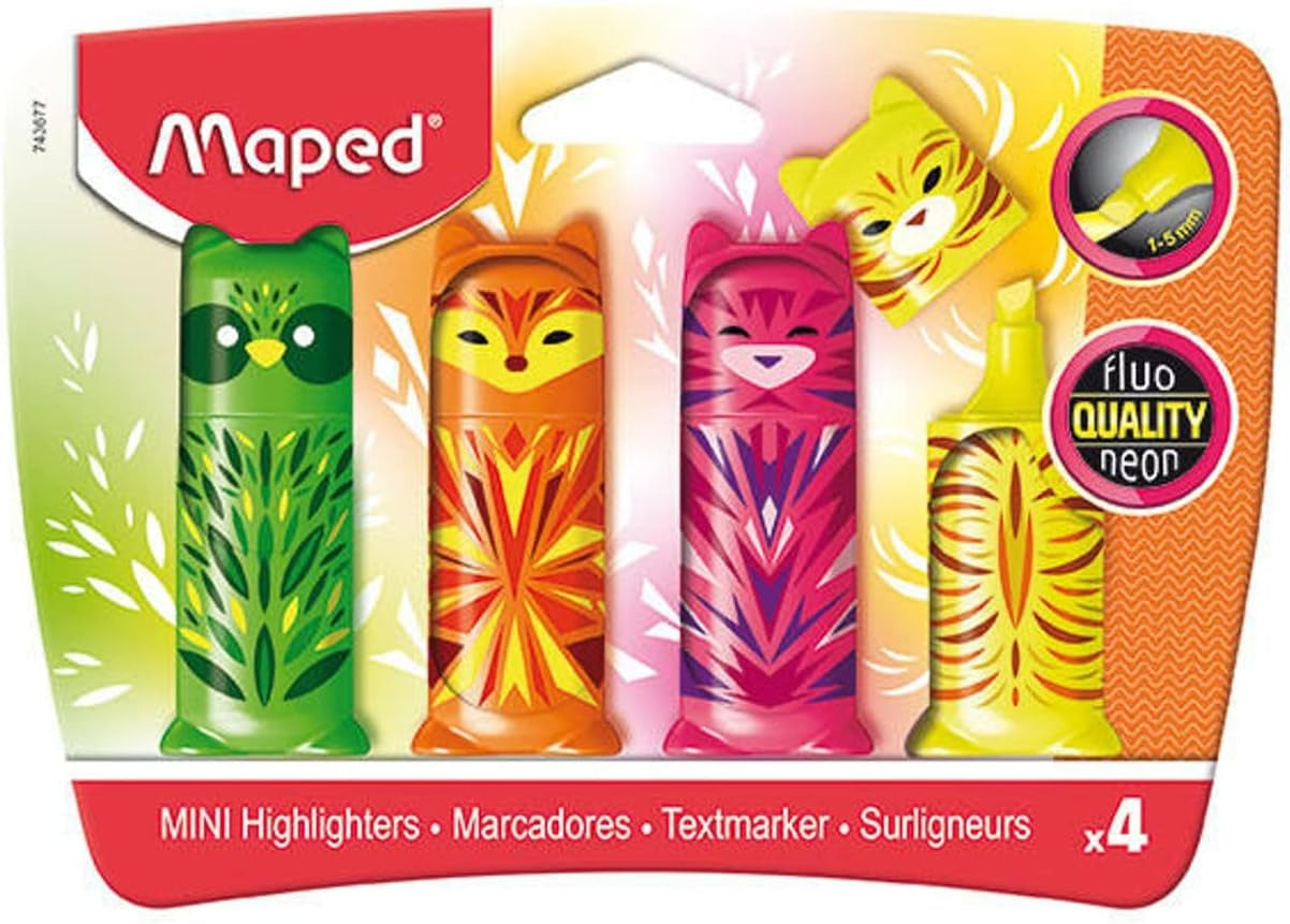 Maped - 4 surligneurs Fluo’Peps Mini Friends - Petits Surligneurs de Poche