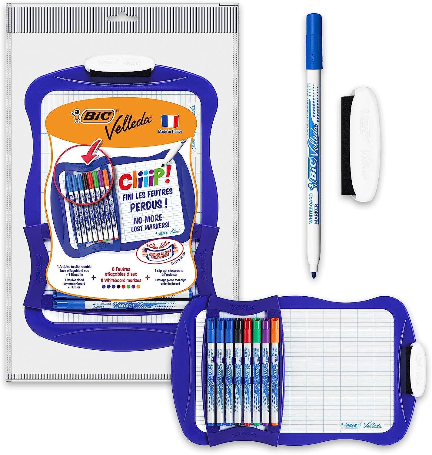 BIC Velleda Ardoise Ecolier Double Face (21 x 31 cm) Effaçable à Sec avec 8 Feutres Effaçables à Sec et Effacette - Bleue, Lot de 1
