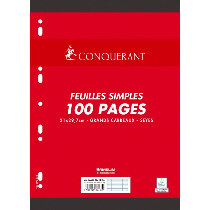 feuilles mobiles perforées CONQUERANT A4 seyès blanc Paquet de 100