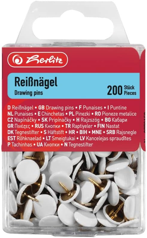 Herlitz 8770158 Punaises rondes métal entouré de plastique 200 pièces boîte à accroche Blanc