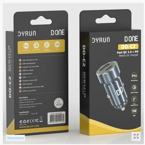 DYRUN -  Adaptateur voiture USB + Type C - 18W  (PD)