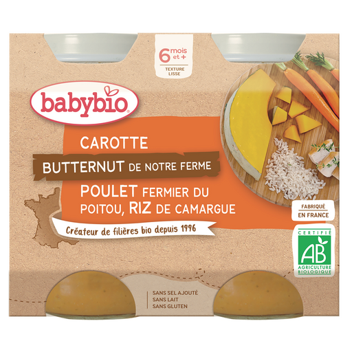 Babybio Petit pot carotte courge poulet riz bio dès 6 mois 2x200g