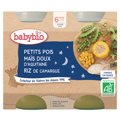 Babybio Petit pot petits pois maïs doux riz bio dès 6 mois 2x200g