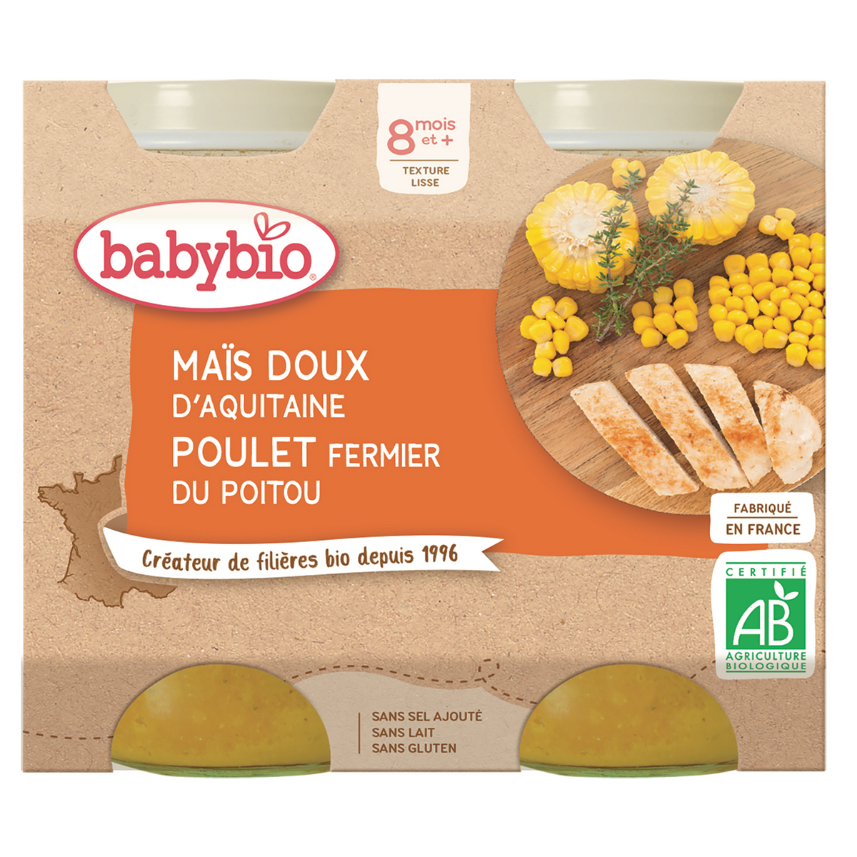 Babybio Petit pot maïs doux poulet fermier bio dès 8 mois 2x200g